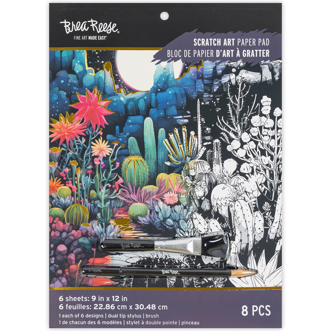 Brea Reese: Scratch Art Paper Pad - Magical Vistas - 12 Sheets, 6 Guided Designs, Metallic Accents, Dual-Tip Stylus & Brush, 8x8" Pages, Adult Craft